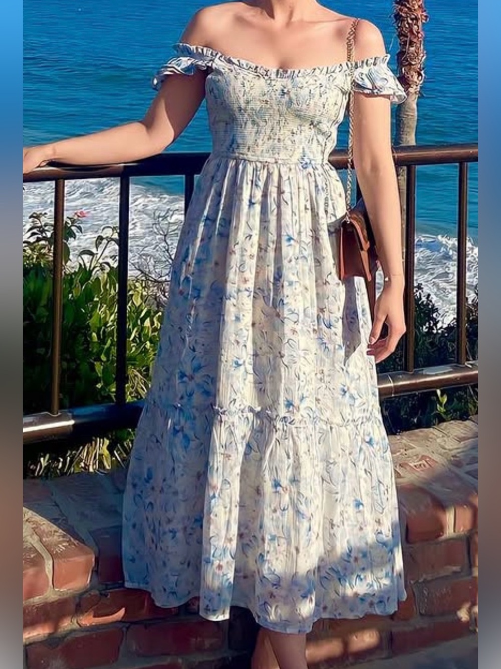 American Eagle Off-Shoulder Blue Floral Maxi Dress